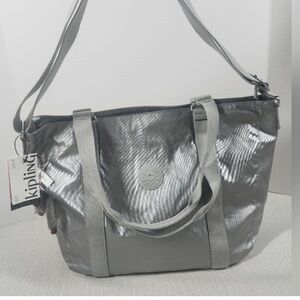 Kipling Adara Large Crossbody Tote Bag Smooth Silver Metallic